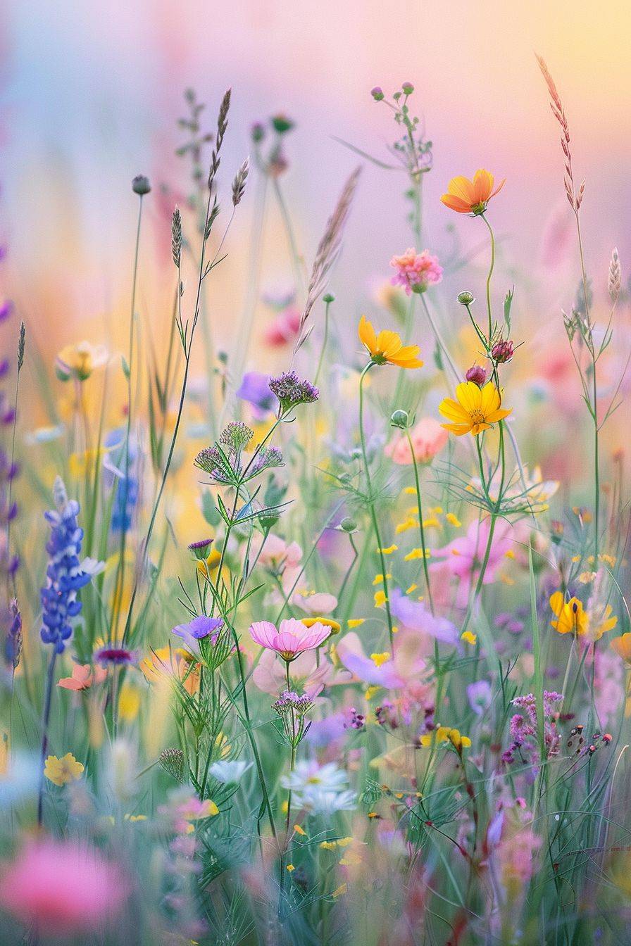Soft light of dawn in summer, colorful flowers are blooming in the meadow, pastel dreamscapes, 32k UHD, Pentax 645n, layered composition, macro photography --no human --ar 2:3
