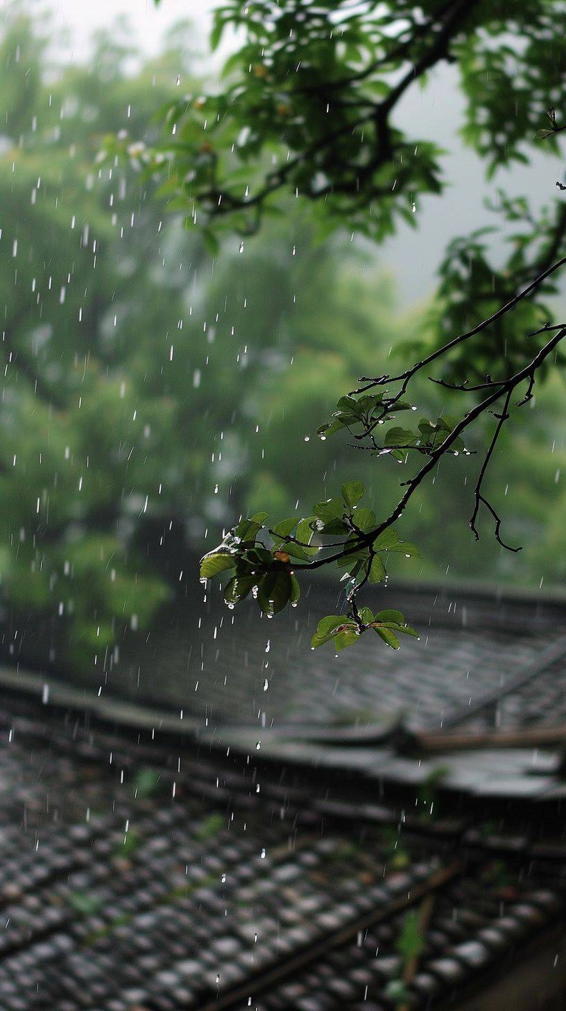 中国の伝統的な祭りである清明節、屋根の上でしとしとという小雨、木々は緑々と茂っており、情景は心地よい。
