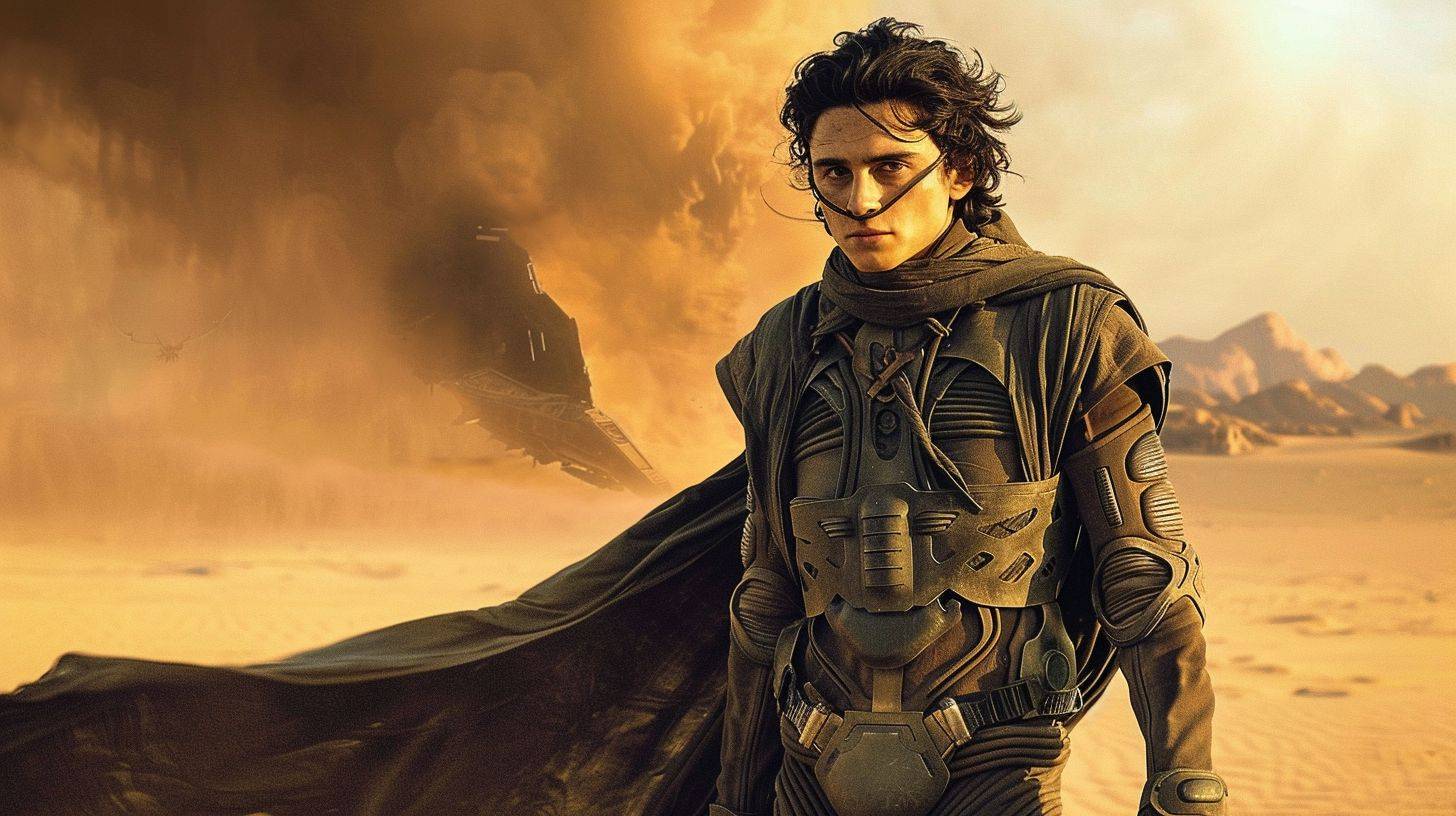 Theatrical poster of an epic scene from the movie DUNE 2. A vast desert, a full-body portrait of the young hero Paul Atreides with an ornithopter on the ground, his cape fluttering in the wind on the side. A huge sandstorm approaching in the background.