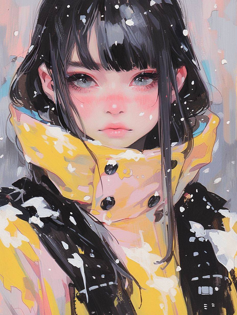 髪を切っている美しい女の子の水彩肖像画。彼女は寒い日に黄色のコートを着て、白いラインがプリントされた大きなコートを着ています。雪片が彼女の顔に落ちて、神秘的で興味深い雰囲気を作り出しています。描画スタイルは気まぐれで詳細で、日本のイラストアートの本質を捉え、鮮やかな色彩を持っている必要があります。微妙なディテールを通じて感情の深さを保ちつつ、気まぐれな魅力の本質を捉える。