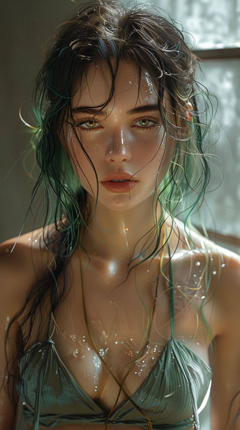 Girl with green hair highlights in tank top, long brown hair, in the style of hyper-realistic atmospheres, anime aesthetic, dotted, close up, light gold and dark emerald, 32k uhd --ar 9:16 --stylize 750