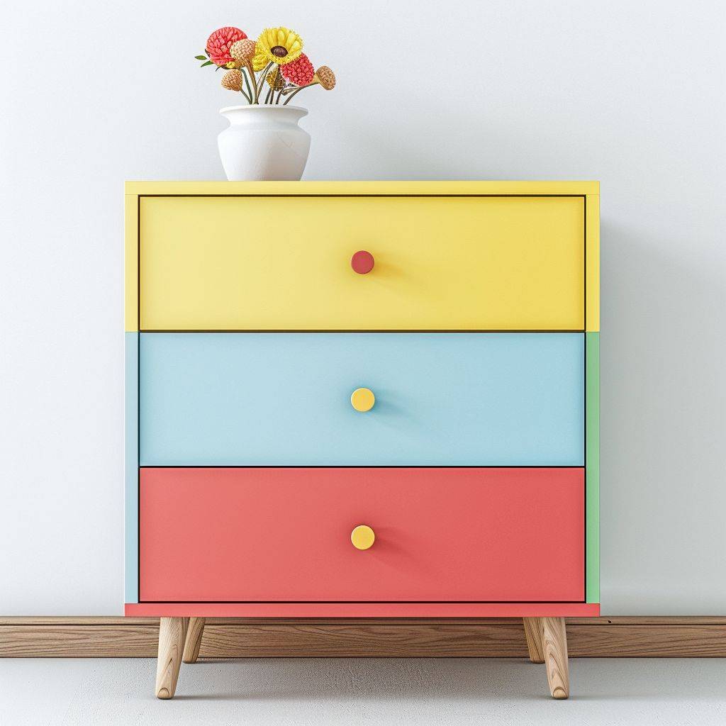 Front view dresser, close up on white wall, children's nursery, vibrant colors, modern, white wall, photorealistic