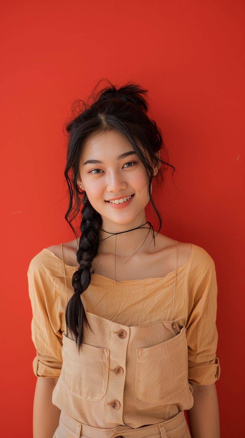 20歳のアジア人女性、黒髪、油条を結んだ三つ編み、微笑み、素朴で健康的で元気な、ベージュの日常着、赤い背景、半身、モデル、さまざまなポーズやジェスチャー--ar 9:16