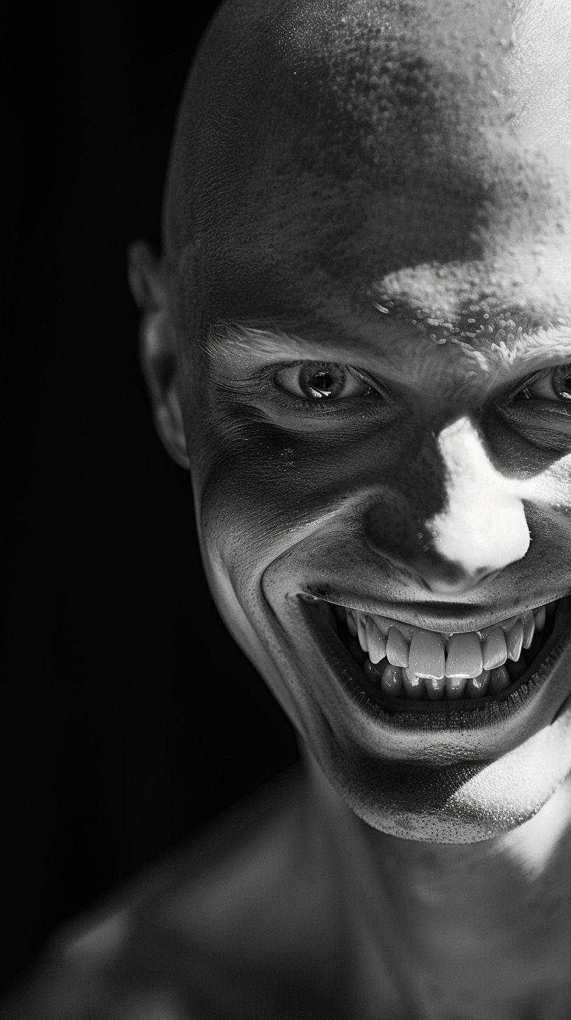 Professional photograph taken with a Canon camera, retrofuturistic scene, very close-up, young man, bald, hairless, pale complexion, light eyes, black mouth, thin, maniac smile, crazy, black background, direct frontal light, enormous contrast between black and white, ultra realistic black and white photography--style raw--aspect ratio 9:16