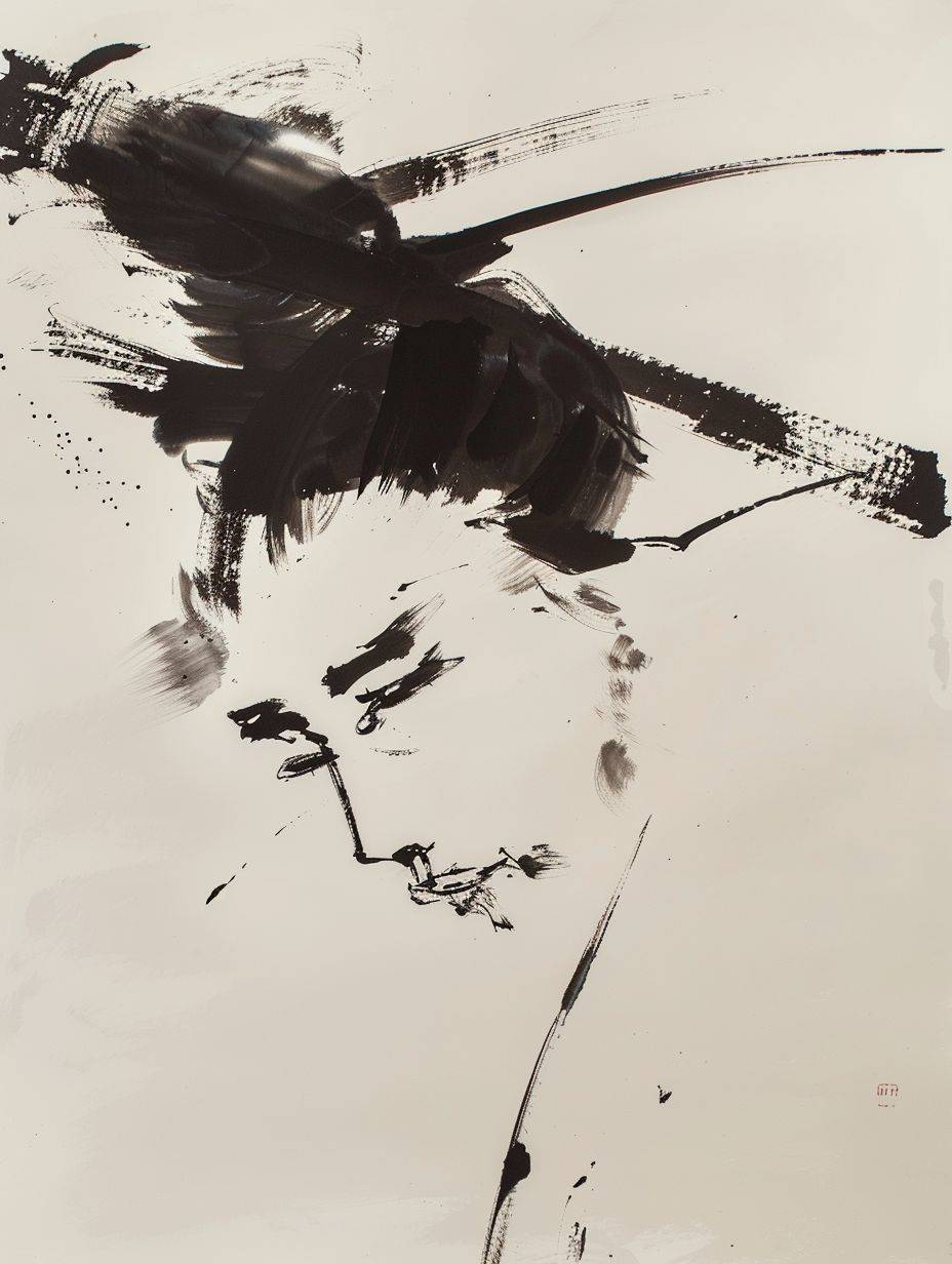 A stunning Sumi-e painting in the expressive Chinese calligraphy style, depicting an abstract, minimalistic yet sensual portrait of a woman in a three-quarter pose. The brushstrokes are fluid and graceful, creating a sense of elegance and simplicity. The background is a subtle, natural pale shade that complements the strong black ink lines. The overall atmosphere of the piece is serene and calming, reflecting the harmony of traditional Japanese art.