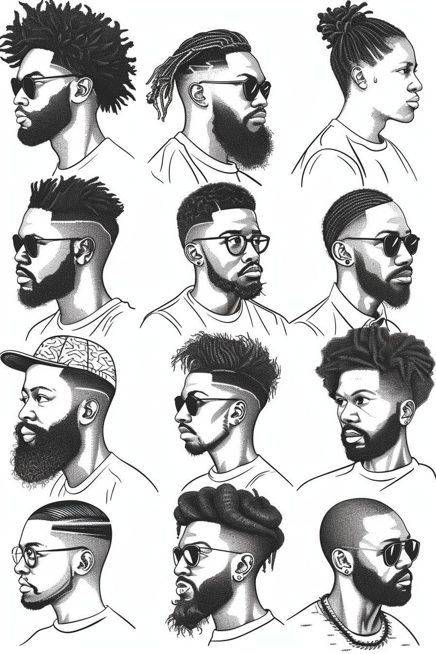 A simple coloring book page with a vector set of black men with different hairstyles on a white background, outlined in thick lines, with an aspect ratio of 2:3 and a stylization of 250.