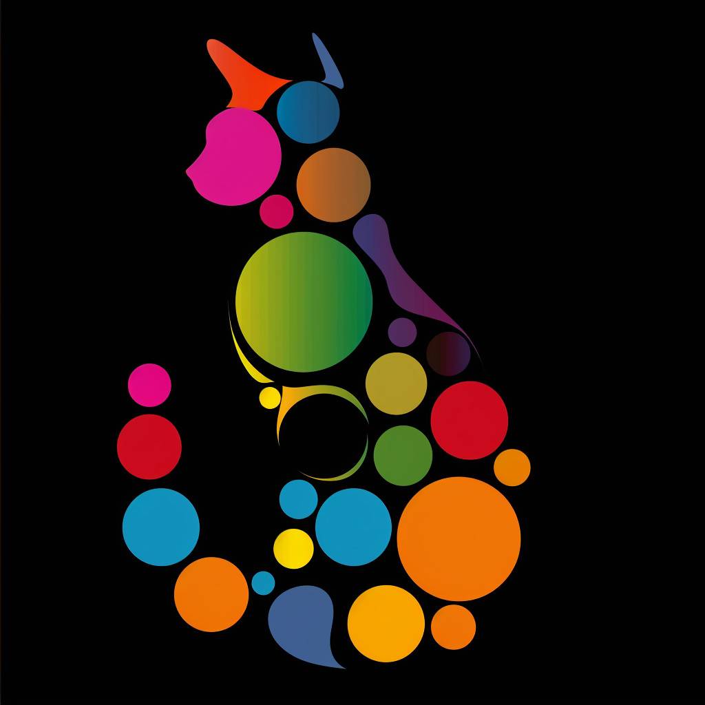 Sophisticated logo for a cat arranged with large equal sized, big colorful dots, executed by a professional. Set against a black canvas, the design features bold, bright, harmonious color scheme, adding a playful yet refined texture, combines the spirit of creativity with the precision and elegance of professional design, making it both visually striking and endearingly imaginative.