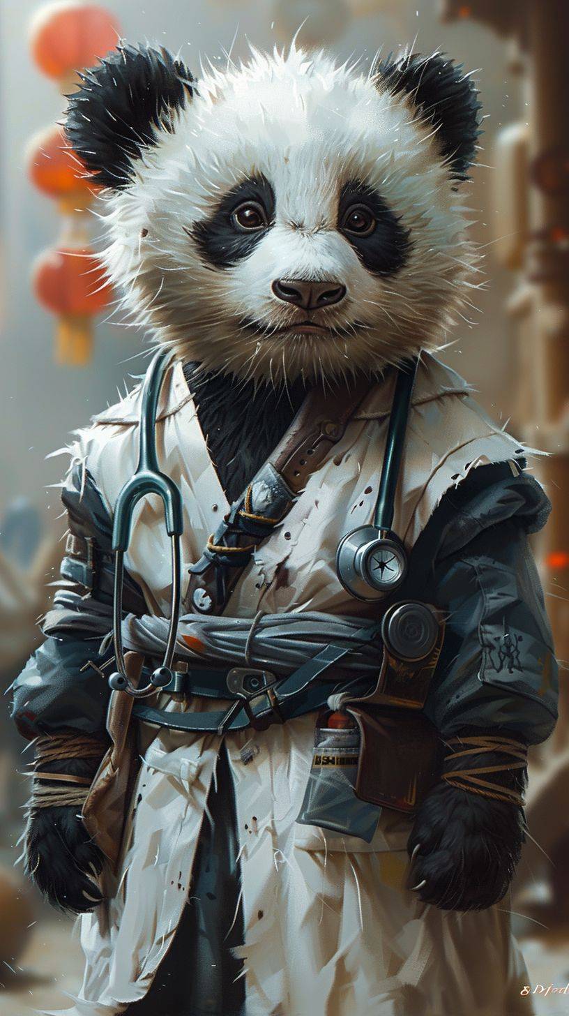 A cute panda named TOM, with a round face, round body, very short, and short arms and legs. Black and white fur, wearing a doctor's outfit, white, without any decoration, with a stethoscope around his neck and a pained expression. clean white background. Clearly visible hair, super-resolution, realistic style, dynamic scene, clear pores, super-resolved cheeks, very sharp, cinematic style, realistic, detailed rendering of fur textures, in the style of Sam Spratt, concept art in the style of Greg Rutkowski. Detailed brushstrokes, thick paint texture, full body portrait, ultrahigh definition images, high resolution, rich colors, and complex details. It has exquisite details and high-definition images. The illustration is in the style of fantasy portraits and uses digital art techniques. It has a fantasy art style with cinematic light as a digital painting. The artwork has high detail and sharp focus as an illustration and piece of digital art. It has exquisite details and high-definition images. In the style of game art, in the style of fantasy illustration, Clearly visible hair, super-resolution, realistic style, 3D. Best Quality, 8K