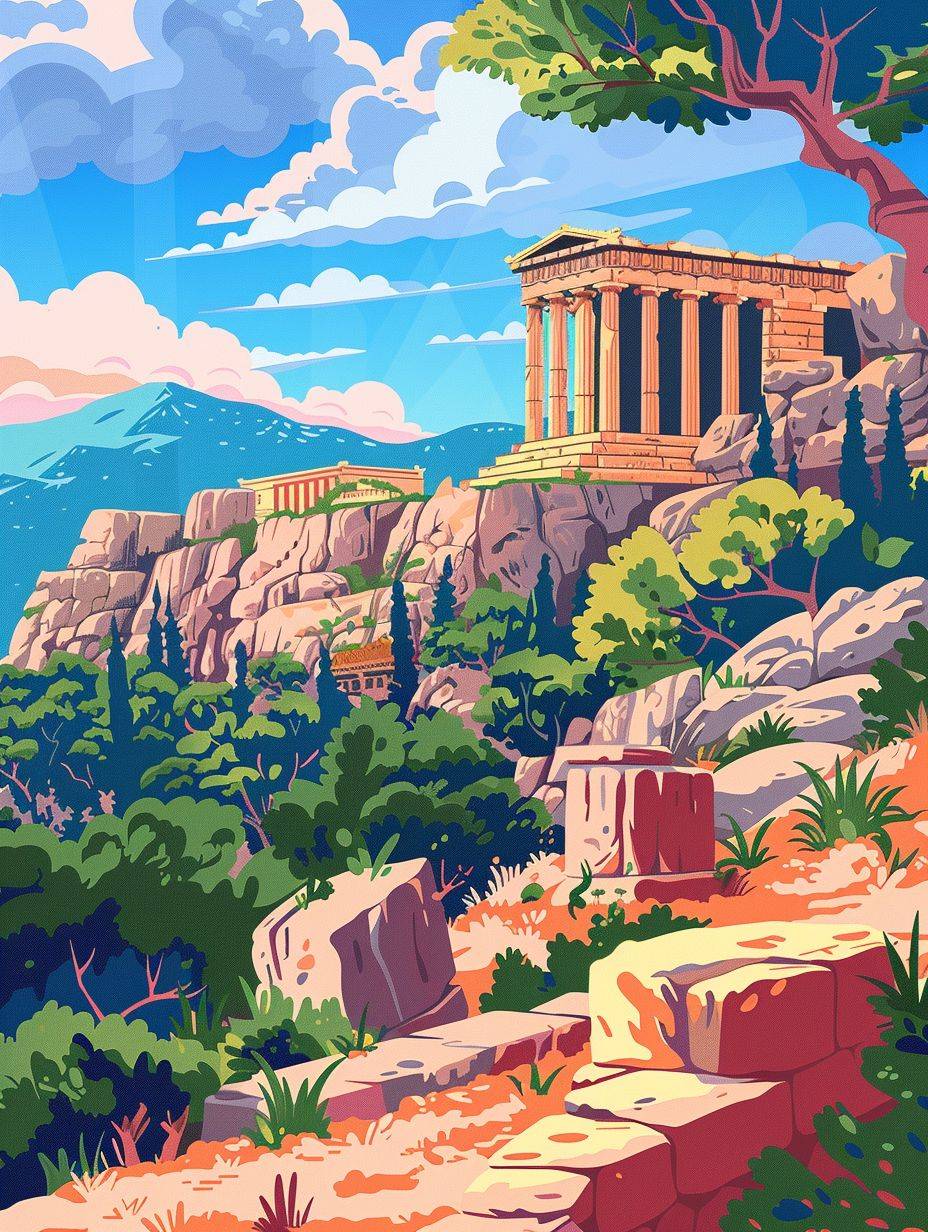 Illustration, Ancient Greece landscapes, coloring book cover, pencil colors, cartoon style, thick lines, vivid color