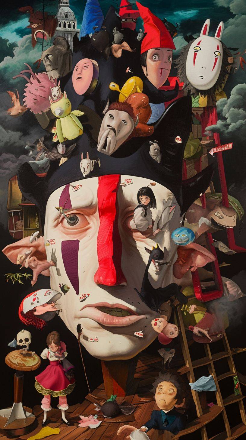 An anime painting featuring a huge head with Studio Ghibli characters, in the style of Grégoire Guillemin, Junji Ito, Hieronymus Bosch. It has a playful yet macabre vibe, colorful biomorphic forms, comic art, McDonaldpunk aesthetic, primary colors, and realistic detail. The aspect ratio is 9:16, with a niji setting of 6, and raw style.