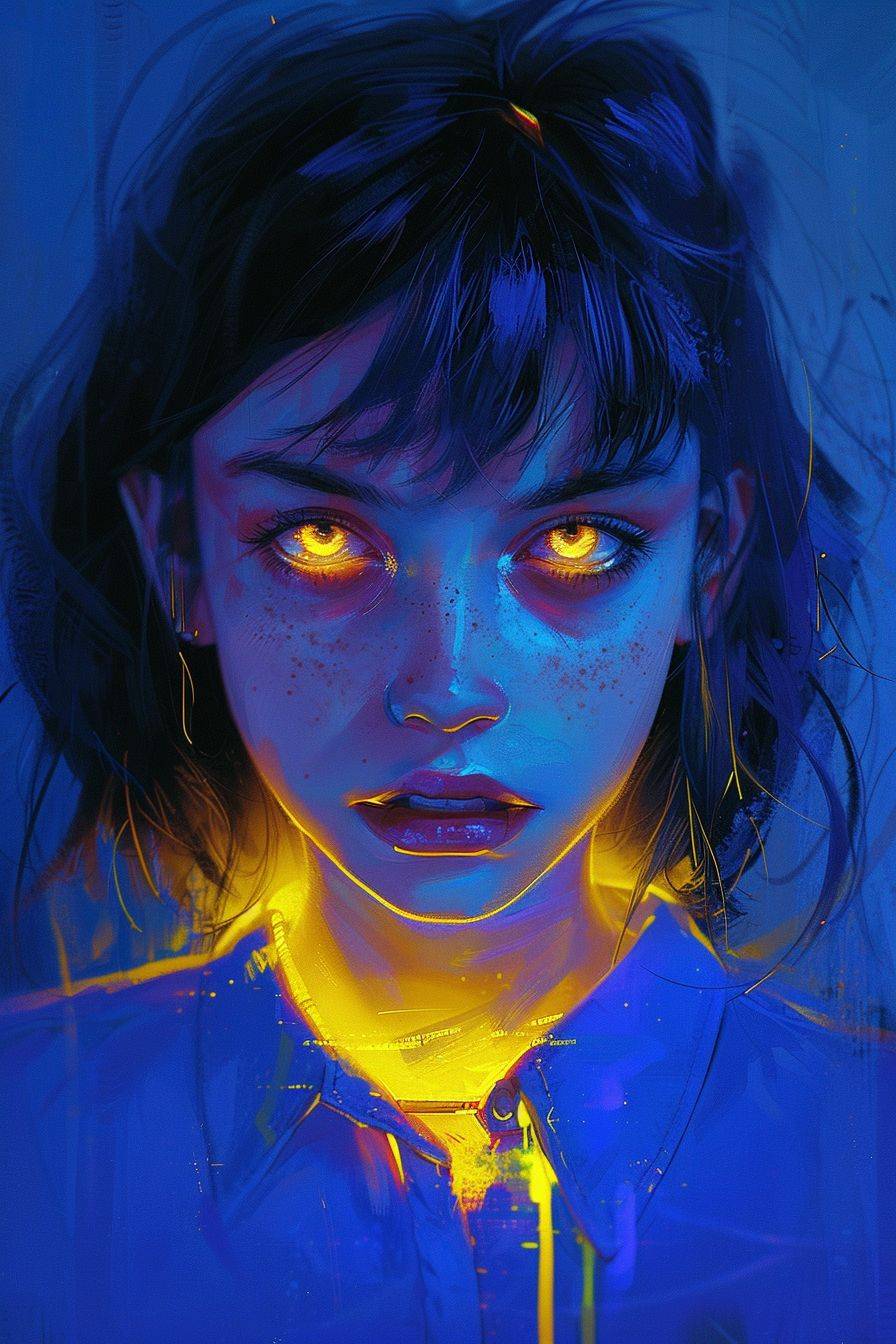 A girl with yellow eyes in a blue shirt, in the style of glowing neon, dramatic, somber religious works, anime aesthetic, solapunk, dark white and yellow, angelcore, faith-inspired art