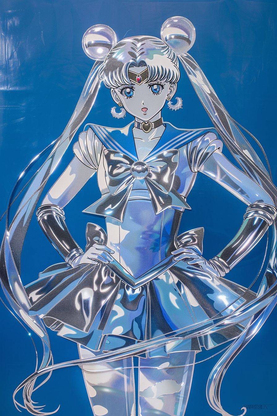 Sailor Moon, by Hajime Sorayama, chrome set with silver and chrome accents highlighted on a vibrant blue background --ar 2:3