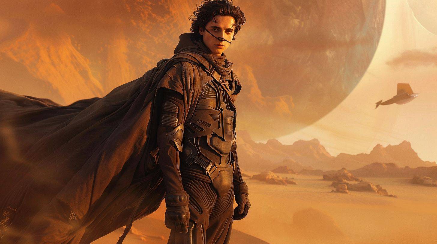 Theatrical poster of an epic scene from the movie DUNE 2. A vast desert, a full-body portrait of the young hero Paul Atreides with an ornithopter on the ground, his cape fluttering in the wind on the side. A huge sandstorm approaching in the background.