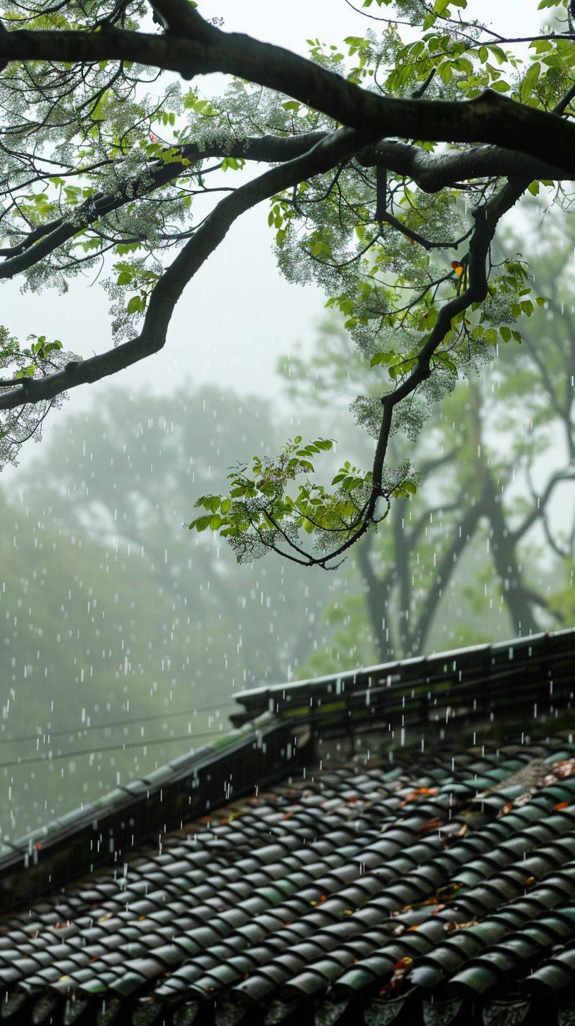 The traditional Chinese festival Qingming Festival features a gentle drizzle on the eaves and lush green trees, creating a pleasant scene.
