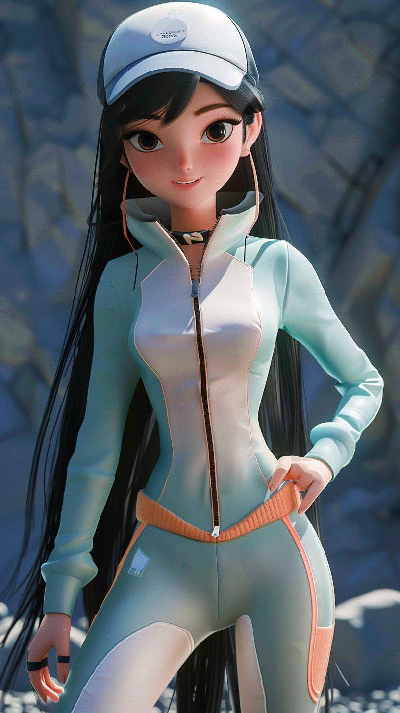 A Chinese girl in a sports suit and a hat, with long black hair, a nice smile, full body, avoid twisted legs, avoid six fingers, white teeth, 3d Pixar character style, rocks, super detail, gradient background, soft colors, soft lighting, high detail, art station, art, ip, blind box, 8k, best quality, 3d, c4d, blender