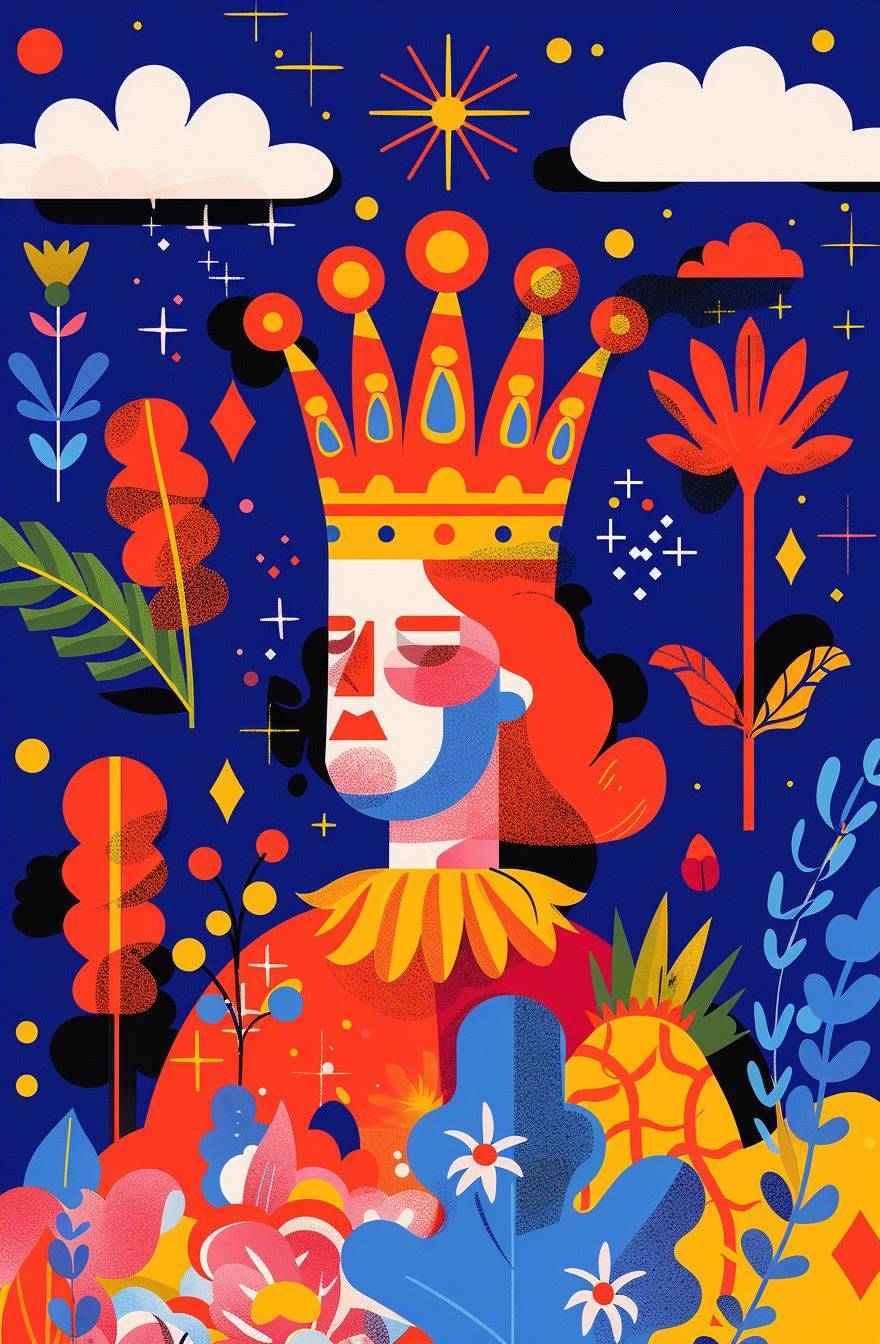 A colorful poster with bold shapes and vibrant colors featuring an illustration of a medieval king, clouds, plants, flowers, sparkles orange smoke in the style of Keith Haring on a blue background. The poster has a flat design with editorial illustrations in a symmetrical grid of highly detailed and simplified forms with flat color blocks in a symmetrical composition.