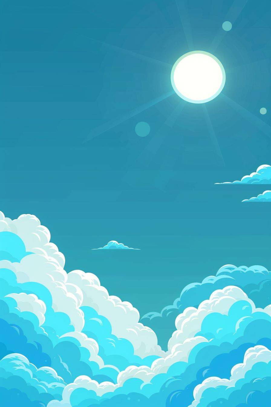 Minimalist vector graphic art style. An azure blue sky, sun, and clouds.