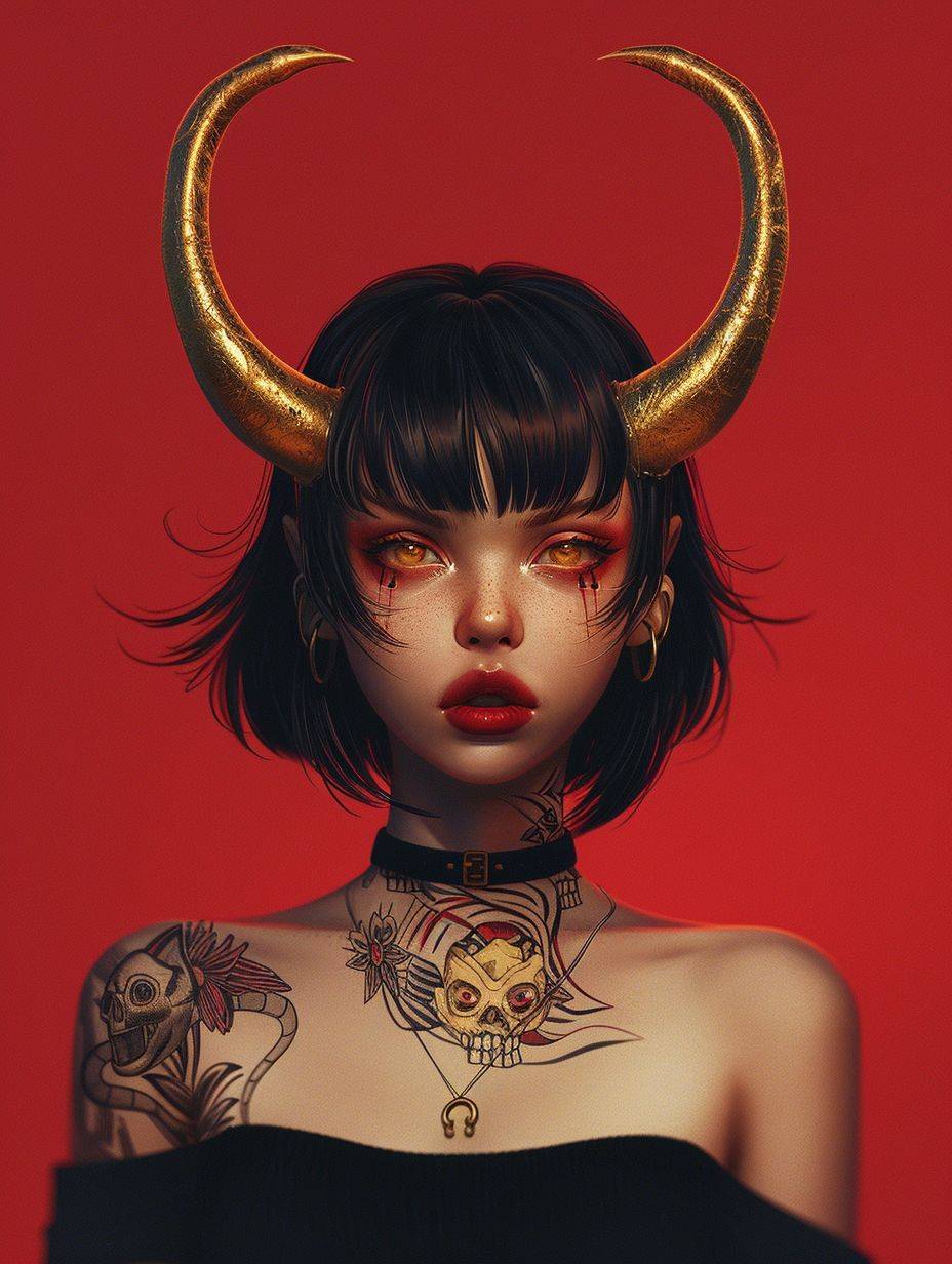 A girl with short hair and bangs with tattoos on her neck is wearing golden horns on her head against a red background, wearing black with high detail in the style of digital art, digital illustration, fantasy realism, fantasy concept art, full body portrait with a dark atmosphere, character design, character concept art in the style of anime-inspired character design, Asian aesthetics, Japanese manga, cyberpunk, 2D game art, concept art.