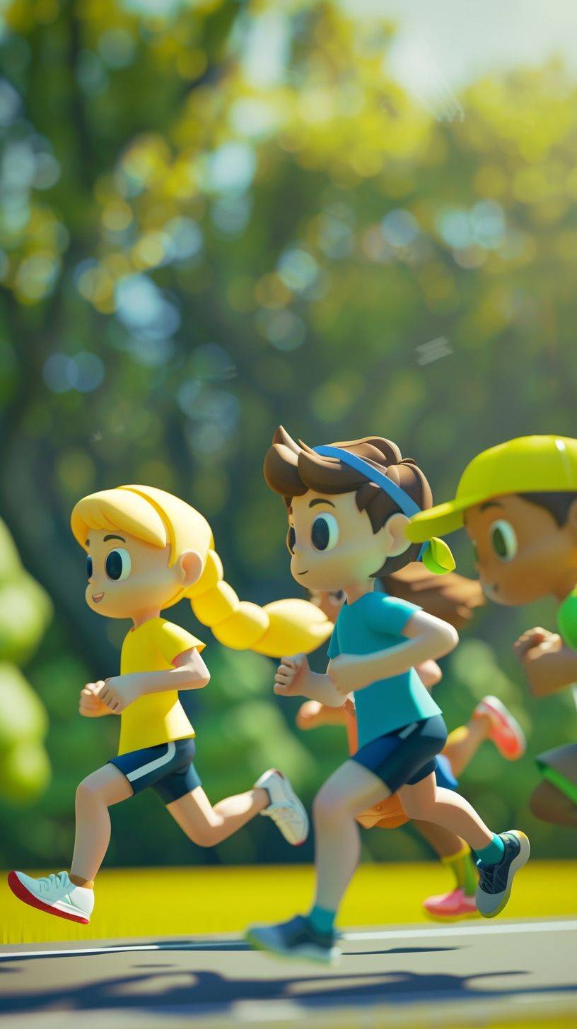 Cartoon characters in the race, boys, girls, running action, marathon, in cute cartoon design style, green background, fantastic visual effects, soft sculpture, webcam, bright colors, bold shapes, capture the moment