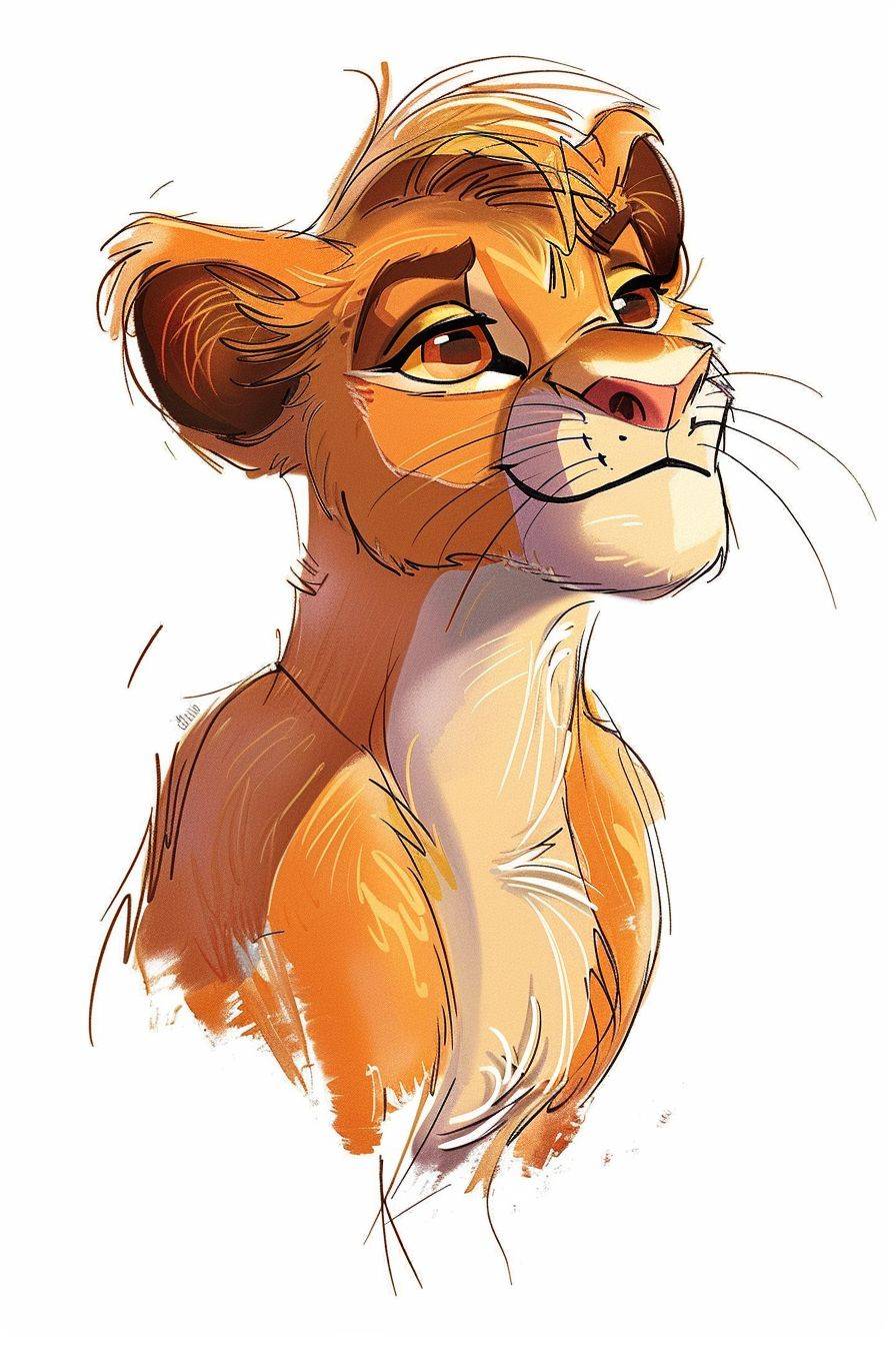 クラシックなディズニーアニメーションスタイルで描かれた雌ライオンのキャラクターデザインコンセプトポートレートスケッチ、白い背景