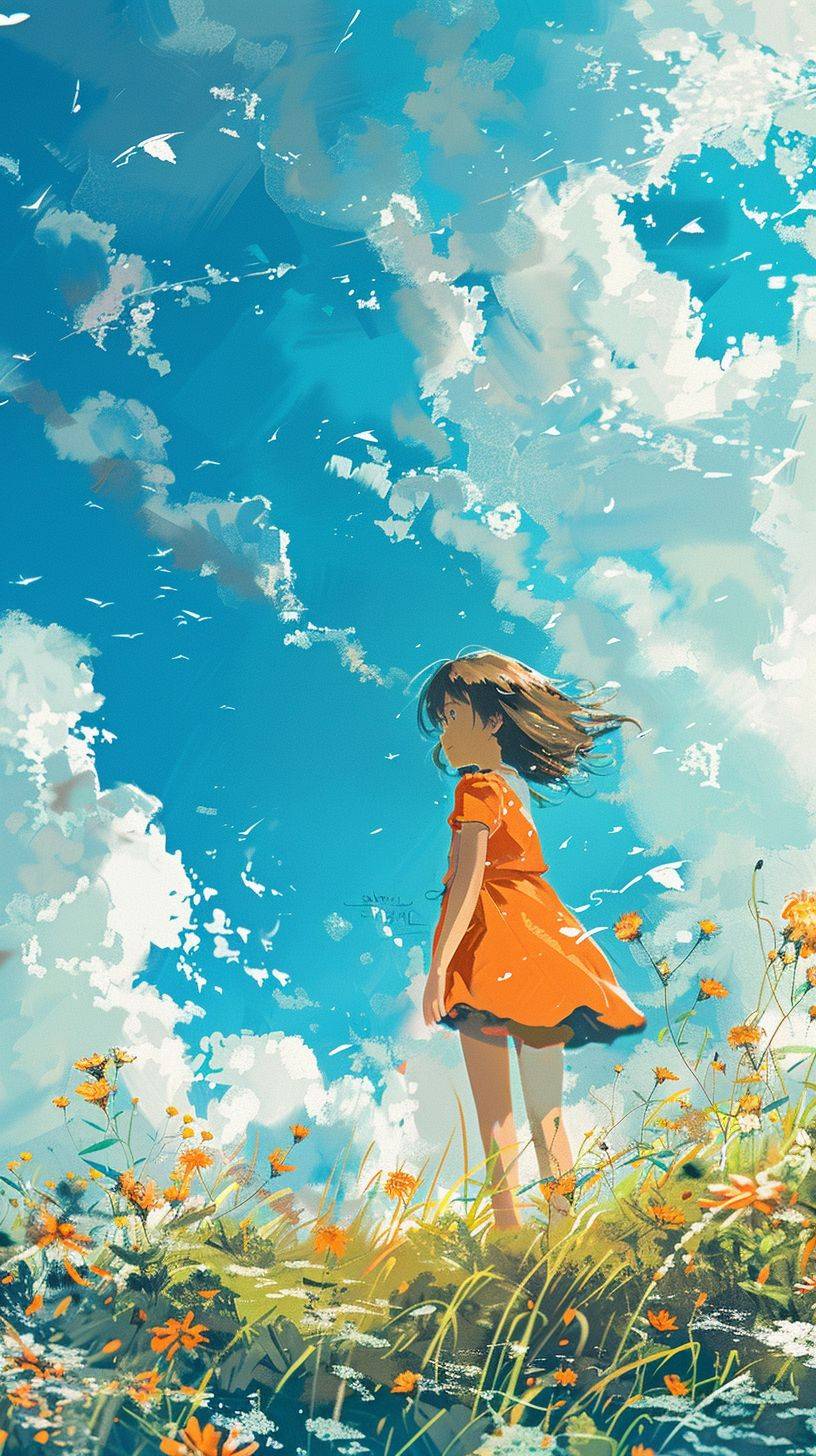 하야오 미야자키, 만화 스타일, 책 일러스트, 헤르미즈, 긍정적인 분위기, 주간, 오렌지와 하늘 파란색 스타일, 소녀 한 명, 귀여운 소녀