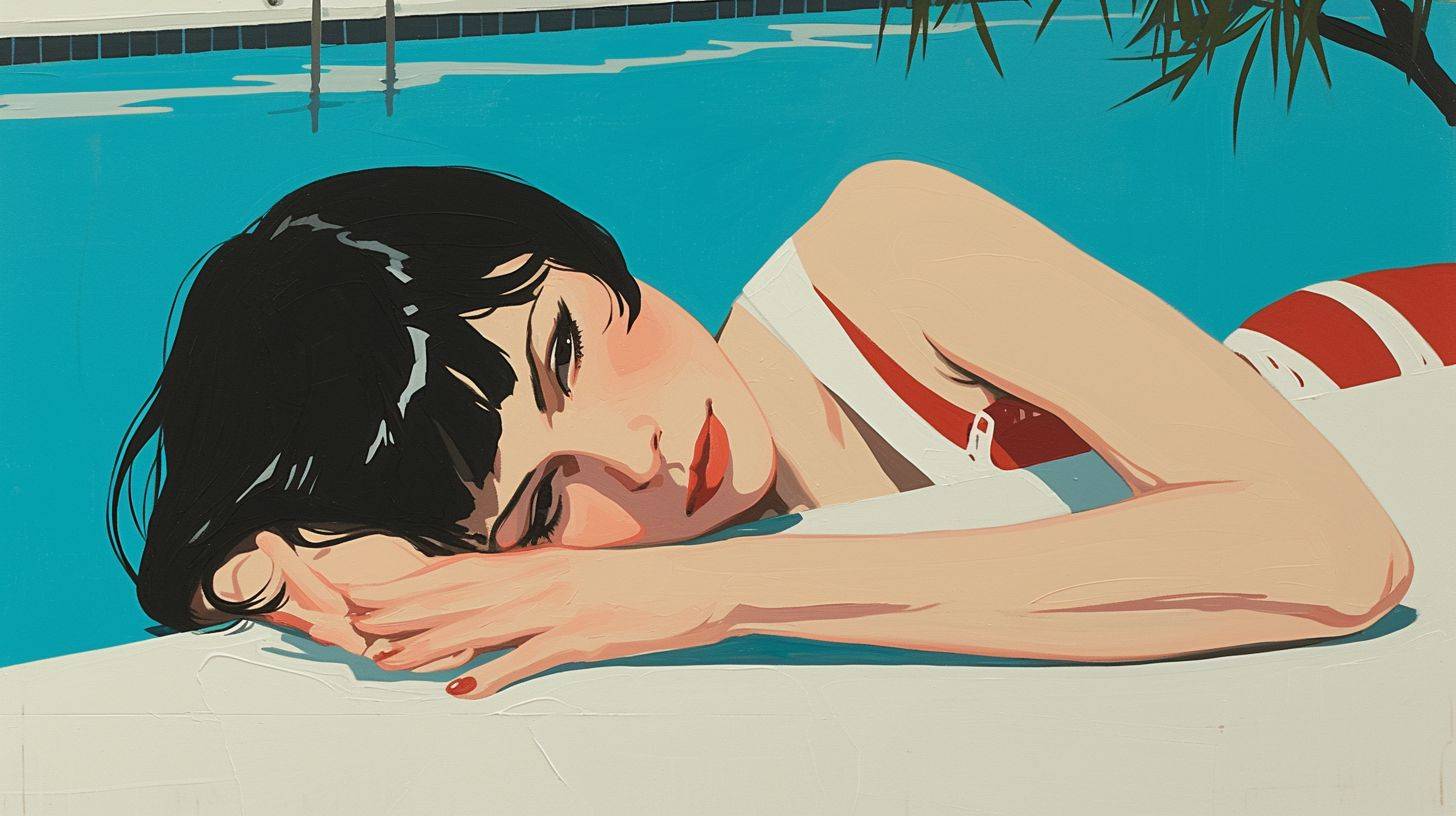 A painting of a girl lying by the pool, in the style of art deco glamour, Patrick Nagel, pop art influenced portraits, restrained serenity, bold manga lines, ivory, punctured canvases, captivating gaze