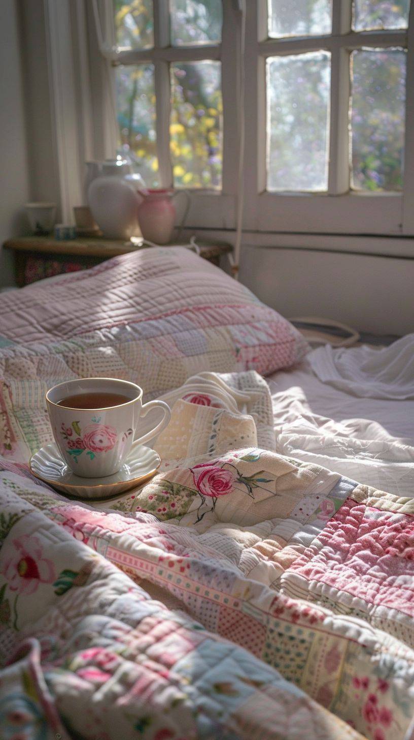 Placing a camera on a pastel-toned patchwork bed. There is a steaming pink teacup on the bed and an old-fashioned camera. Create a shabby atmosphere. There is a white window with morning light next to it. The environment is very bright and delicate, with some flare and backlight effects. Photo taken with a Canon R5 and a 50mm f/2 lens --ar 9:16