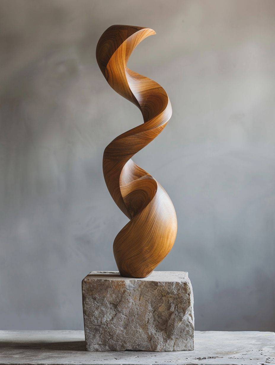 A smooth, tall, slim, elegant, single Taurus knot sculpture made of olive-wood on a stone plinth, professional studio photography.