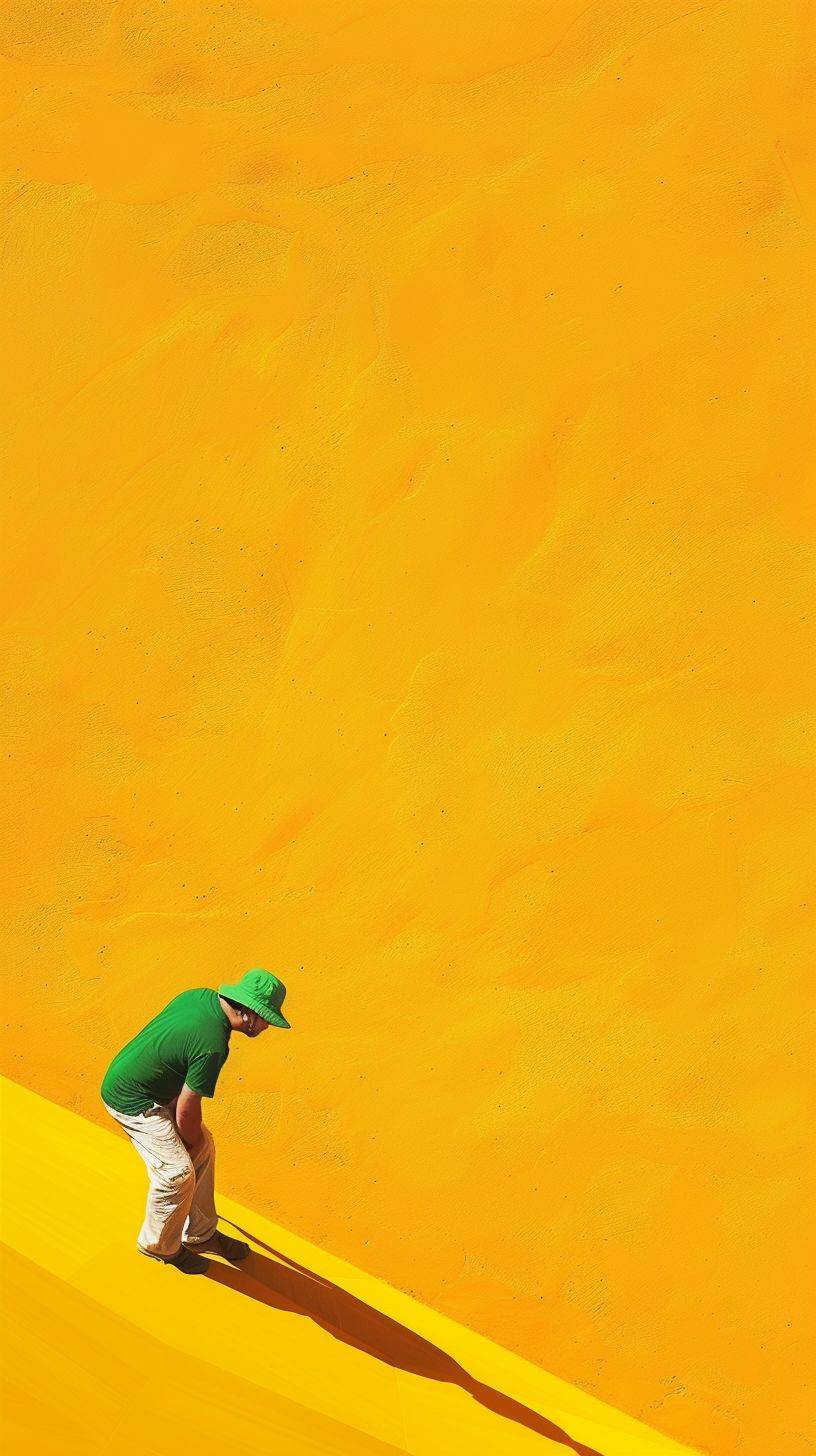 A man in a green hat reaching down onto a dune field, in the style of minimalist geometry, yellow and white, Shigeru Aoki, Igor Zenin, urban landscapes, Uemura Shoen, monochromatic color schemes