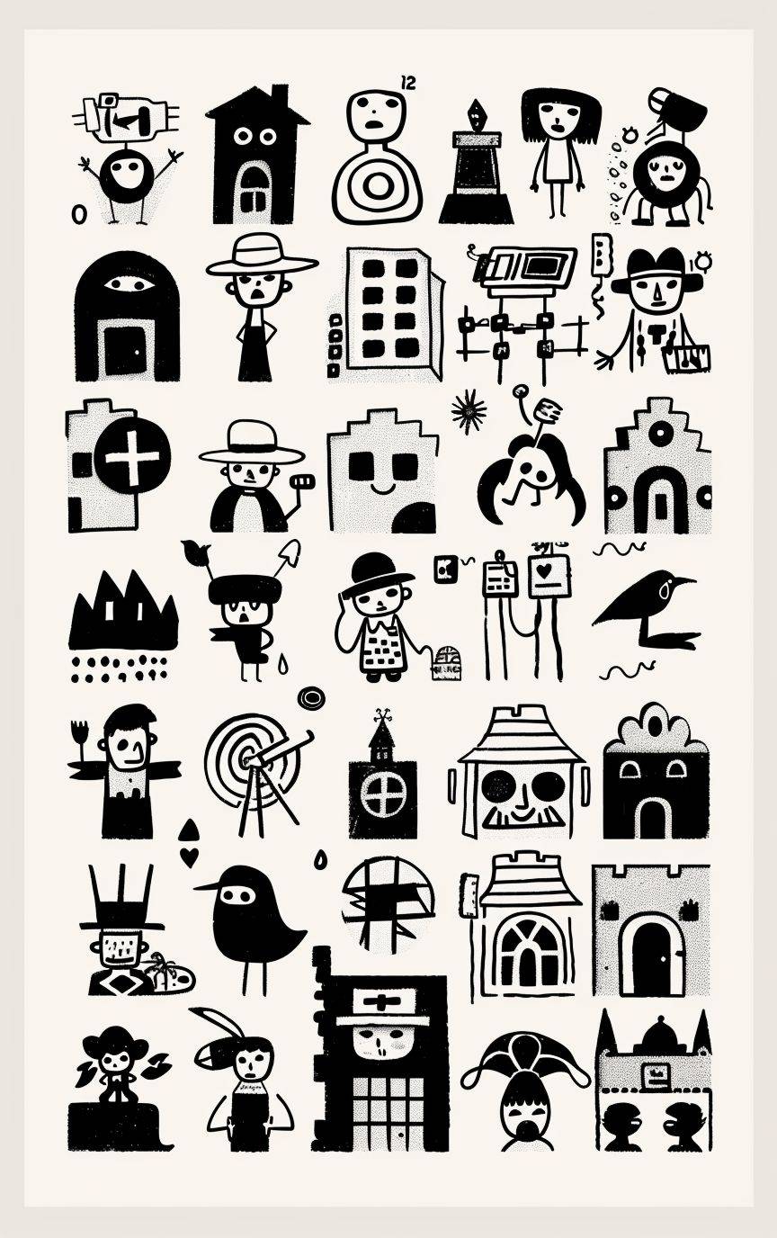A sheet of traditional Mexican lotto cards in black and white and bold line with unique and simple illustrations, each card featuring an illustration representing one character or symbol related to street video surveillance. The characters include the camera, the 360º camera, a building, a home, the bread, the policeman, the woman, the man, the children, the city council, the judge, the robber, the unknown, the videotape, the alarm, the liberty