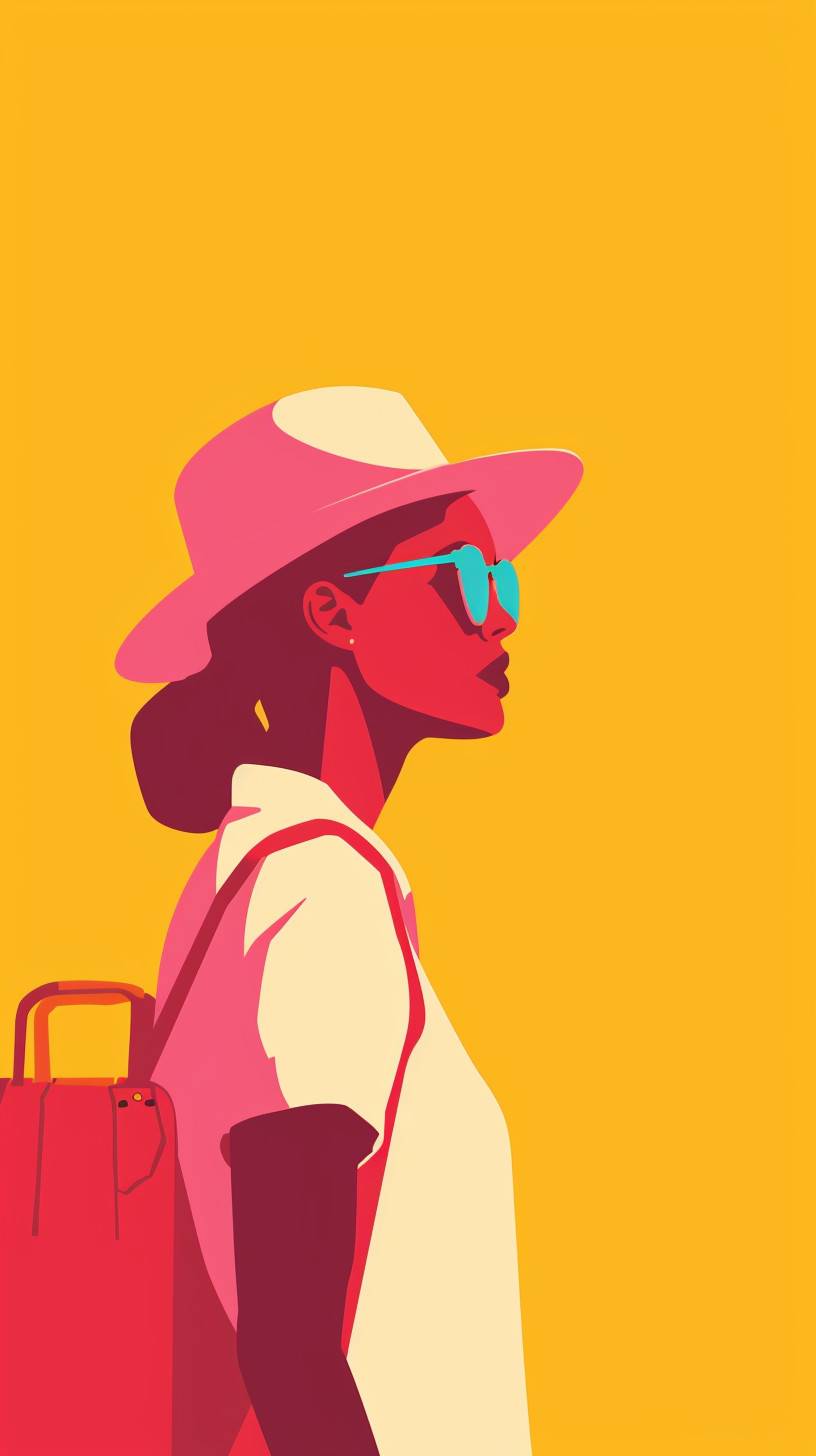 Minimalist vector illustration by Malika Favre advertises solo women travel in modern pop art style, flat color, flat background, vector, contourless, isolated, 4k