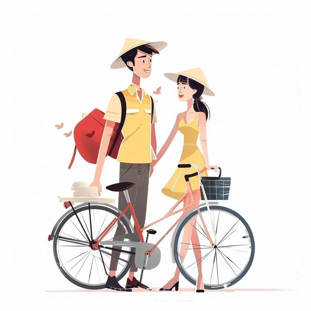 Bicycle, modern couple, outing, the concept of Tomb Sweeping Day in China, cartoon illustration, bright and ultra-clear, animation art, flat and simple, clean white background