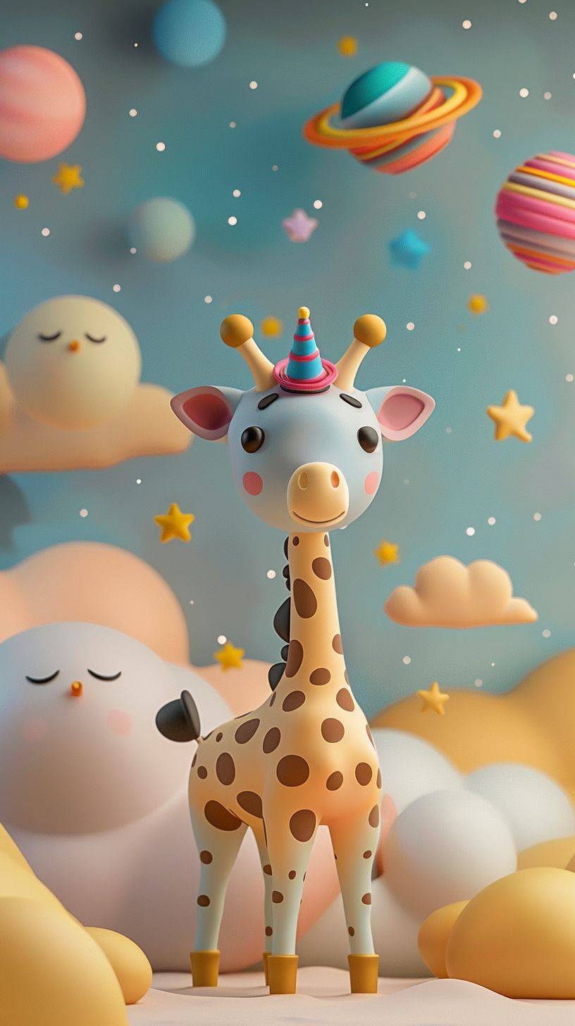 focus, chibi, dreamlike, cute giraffe wearing a hat dancing, stars, planets, rainbow, moon, colorful, bright Morandi colour scheme, playful color, 3D, soft sculpture, minimalist, all in the style of cartoonish