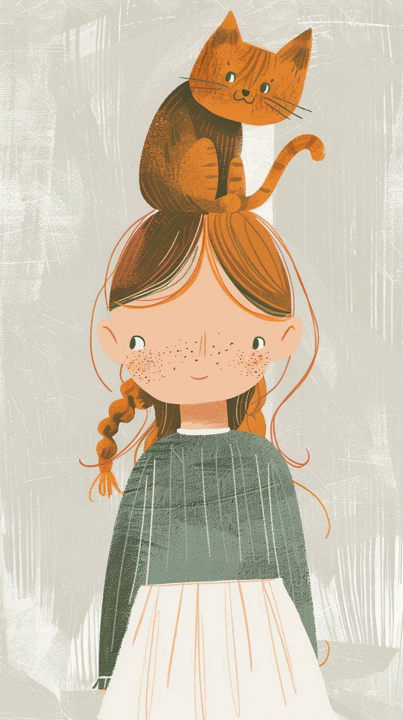 A flat digital illustration of an adorable little girl with freckles and her ginger cat. She is dressed in a long-sleeved green dress with a white skirt at the bottom. The background color has subtle strokes of light gray, creating a soft atmosphere. Her expression radiates happiness as the cat sat on top of her head. In the style of Femke Nicoline Muntz, Berk Öztürk, Víctor Rodriguez & Amalia Restrepo