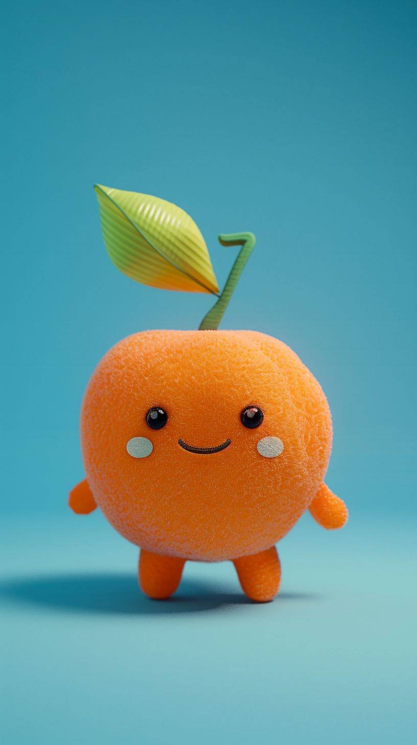 Cute plush little orange, IP image, front, pure sky blue background, 32k uhd, oshare kei, soft and romantic scenes, cute and colorful detail character design, Behance, Haipai, organic sculpture, C4D style, 3D animation style character design, cartoon realism, funny character design, 8k, highest quality