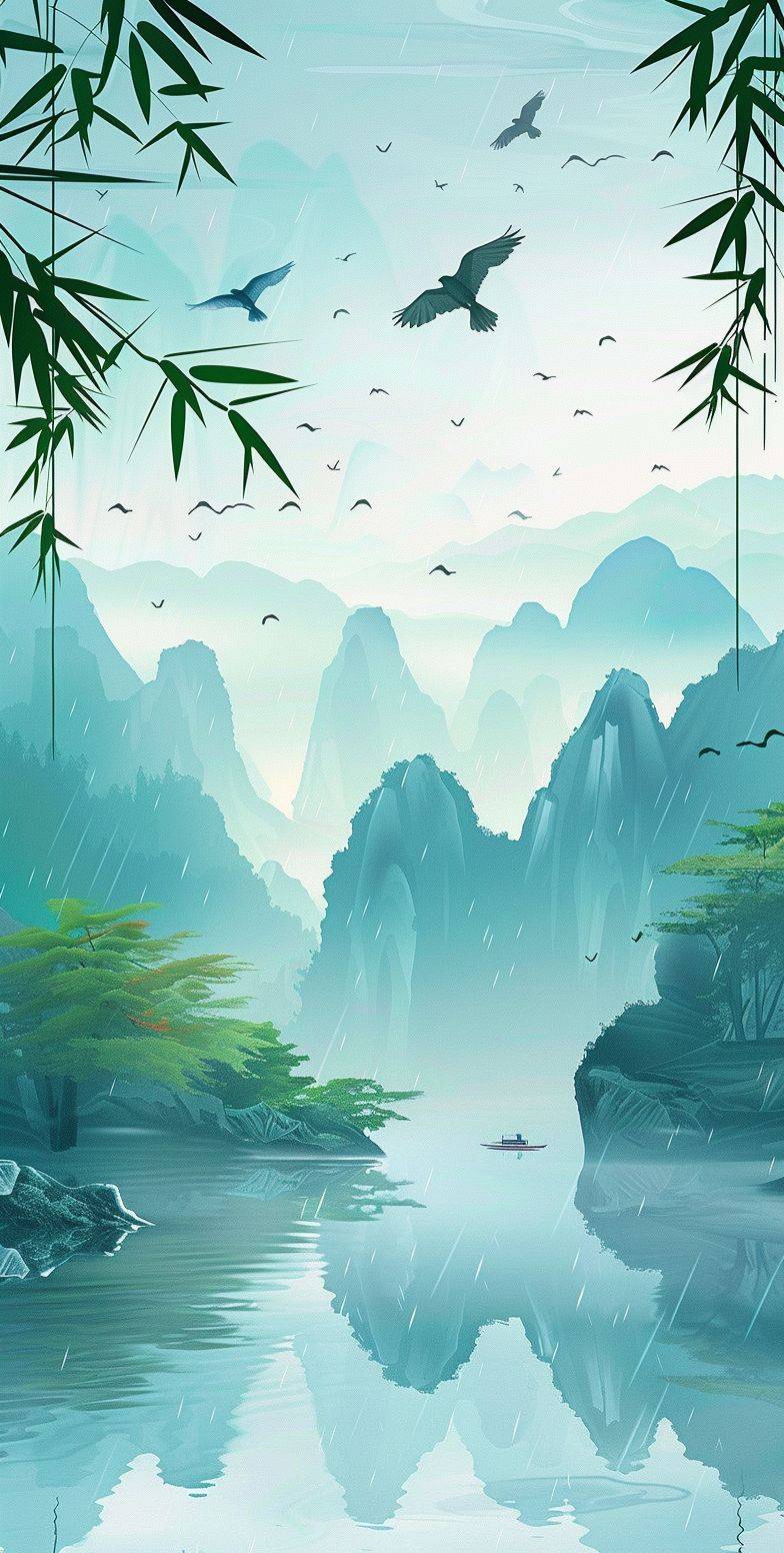 中国宋代風の山水の背景、青緑色のグラデーション、水面に軽い雨と霧、空中を飛ぶつばめ、そこから垂れ下がる竹の葉、繊細な筆触、伝統的な中国の絵画スタイル、ポスターデザイン、中国の風景イラスト、フラットイラスト、ベクターグラフィック、ベクターイラスト、ミニマリズム、高精細、高解像度、高詳細