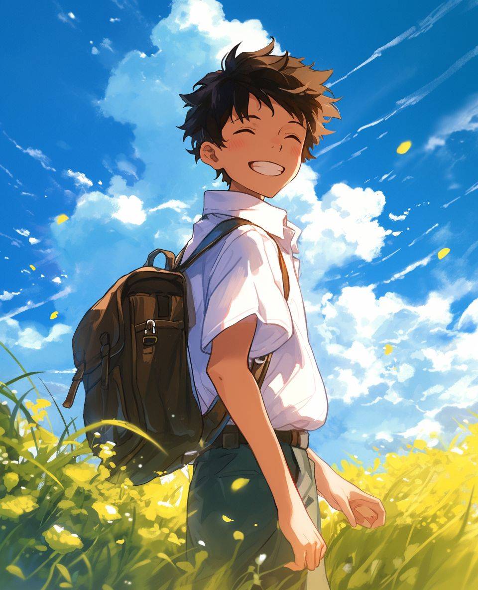 A cute boy with black hair, wearing a white short-sleeved shirt and carrying a shoulder bag on his back stands in the green grassland, smiling happily. The blue sky is adorned with clouds, creating a style reminiscent of anime. In front of him are yellow rapeseed flowers blooming. This scene exudes warm sunshine, in the style of Makoto Shinkai, in the style of Japanese anime.