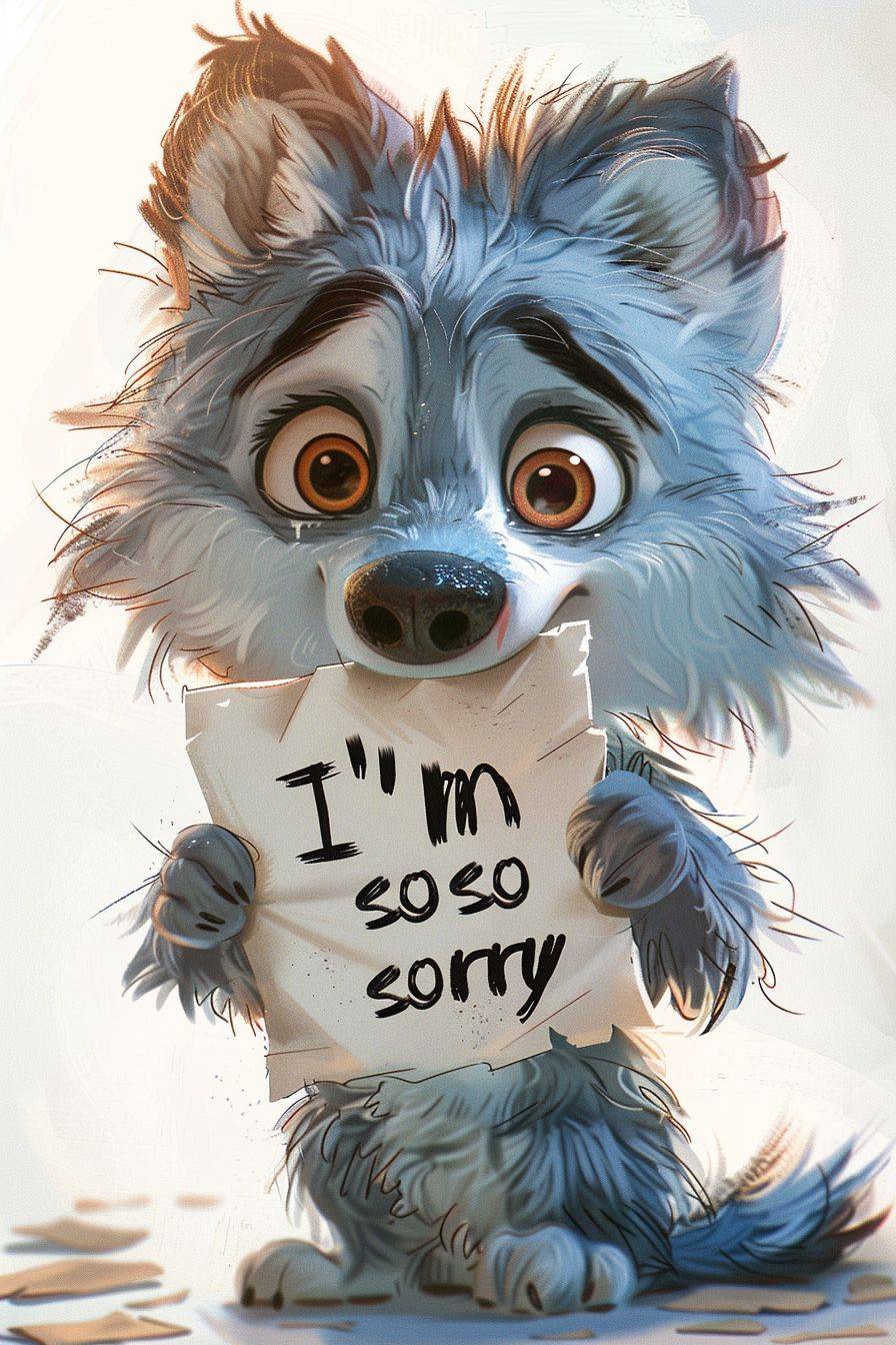 A chubby, cute, fluffy female wolf is holding up a piece of paper with the words 'I'm so sorry' written on it. The fluffy wolf has a sad facial expression, exaggerated movements, and a very fluffy, elongated shape. The style is minimalist and cartoon-like, with a white background and studio lighting. 8K animation --ar 2:3 --stylize 250