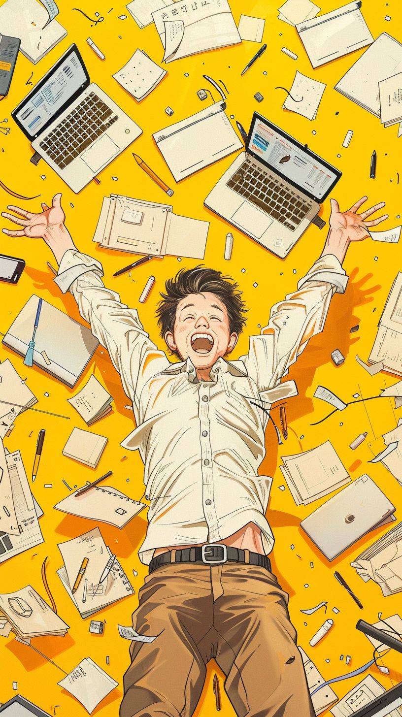 Illustrative style, visually striking, a young Oriental office boy laughs as he rushes towards the camera, surrounded by scattered laptops, pens, folders, files, and other office supplies. Fine lines are drawn, surrounded by fine lines. The middle part of the picture is a jumping yellow color, and the upper third of the picture is left blank, creating a strong contrast, dynamic, and energetic atmosphere, in clothes -- ar 9:16.