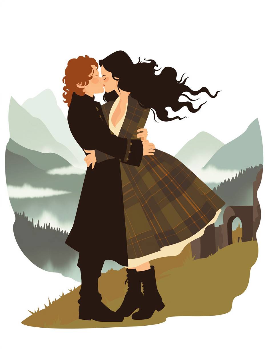 レイナ・テルゲマイヤー風のアウトランダーのジェイミー・フレイザーとクレア・フレイザーのキスをするかわいいカップルのかわいいカートゥーンを作る。背景は霧のかかった山々と古い城跡のあるスコットランドの風景です。スタイルはシンプルな線、フラットな色、輪郭のみで影はありません