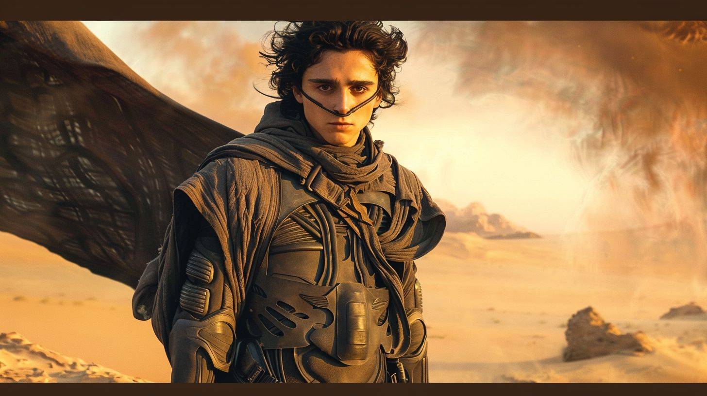 Theatrical poster of an epic scene from the movie DUNE 2. A vast desert, a full-body portrait of the young hero Paul Atreides with an ornithopter on the ground, his cape fluttering in the wind on the side. A huge sandstorm approaching in the background.