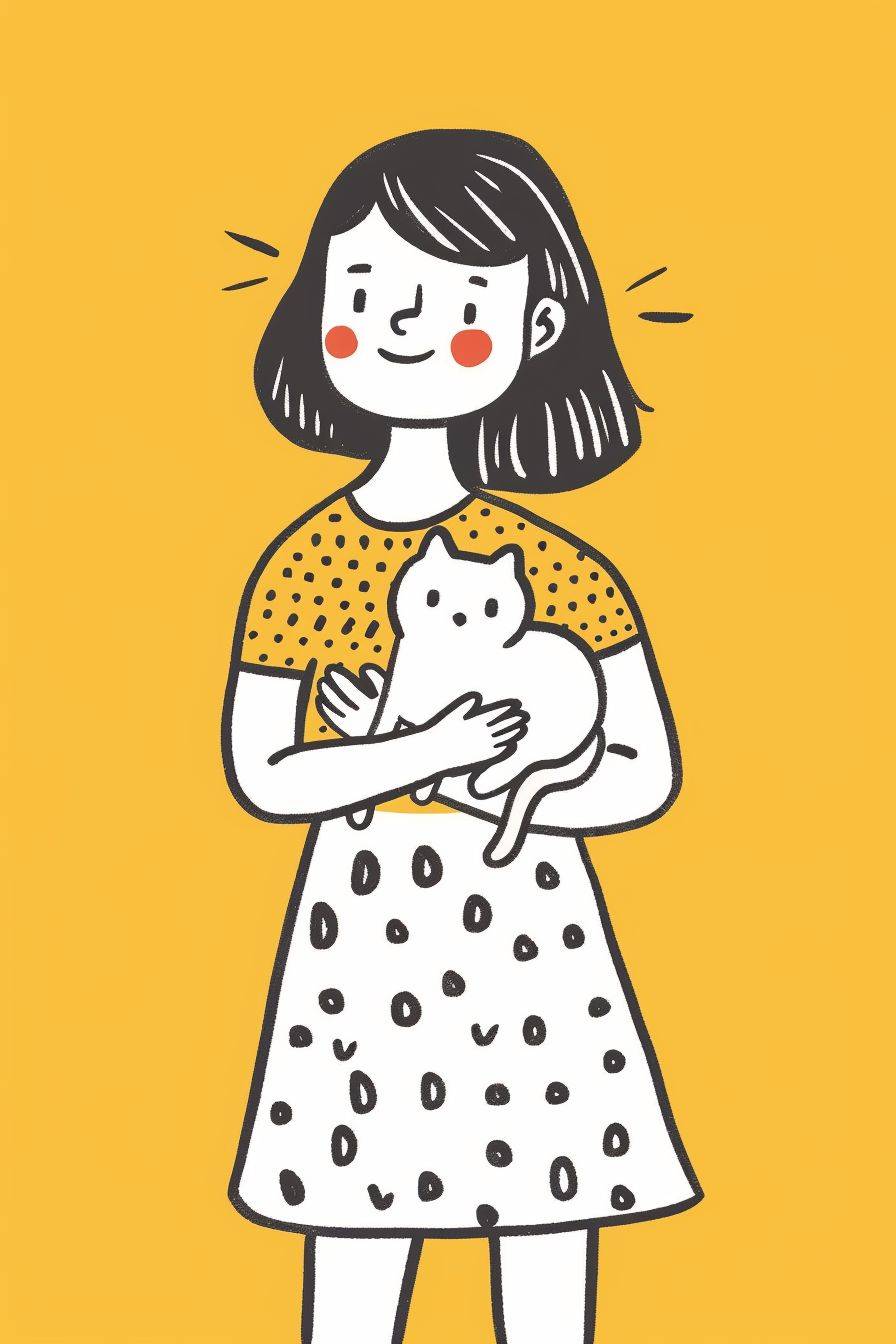 A cute cartoon girl in a dress holding a white kitten. Full body, yellow background, Keith Haring style doodle, sharpie illustration, bold lines and solid colors, simple details, minimalism, yellow background