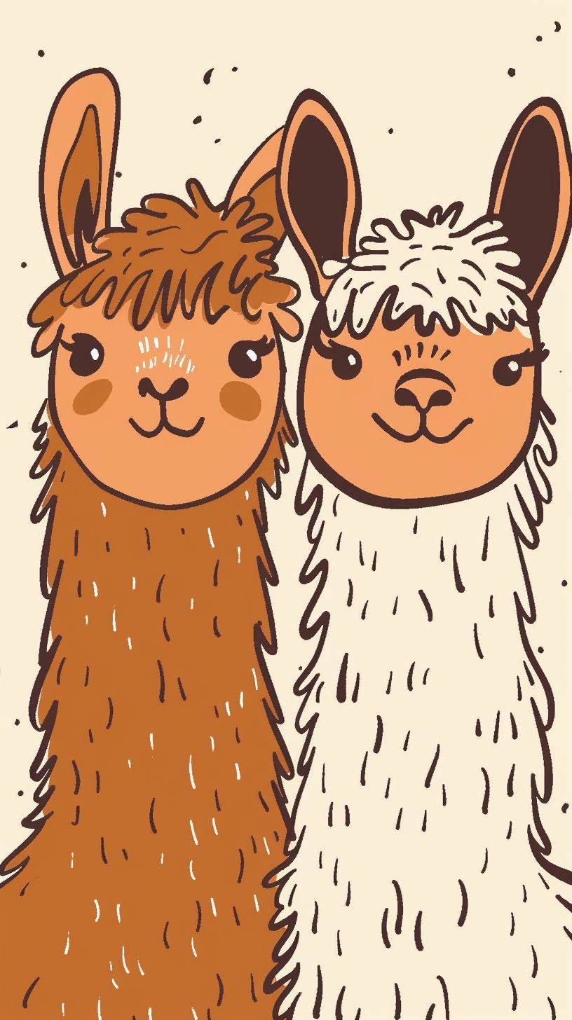 Portrait, happy young beautiful alpacas couple, close up, bold line simple vector illustration by Jean Jullien