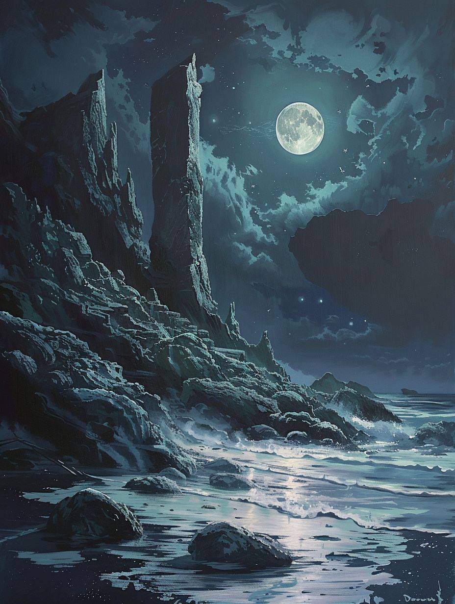 『ルナー・ルミネッセンス』にある謎のモノリスは、氷のような青い月光が繊細にその特徴を描き出し、その場面の静けさと静けさを高めています。