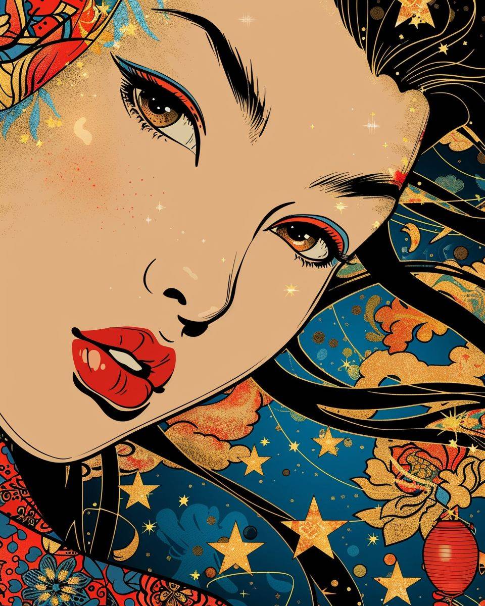 One of many covers of a cartoon with stars, in the style of Asian-inspired, cyan and amber, close-up intensity, comic art, mysterious beauty, 32k UHD.