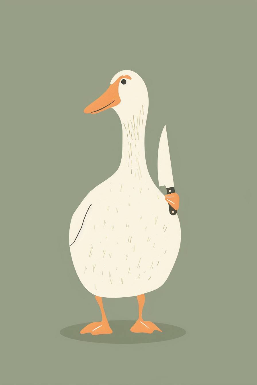 A cute goose that is holding a little knife, naturecore, flat and bold, in the style of boho, light colours, cute illustration