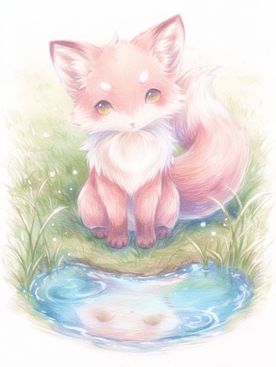 A cute pink fox with white eyebrows and tail sits on the grass in front of an empty pond. It is a colored pencil illustration in the style of a children's book with pastel colors and simple lines.