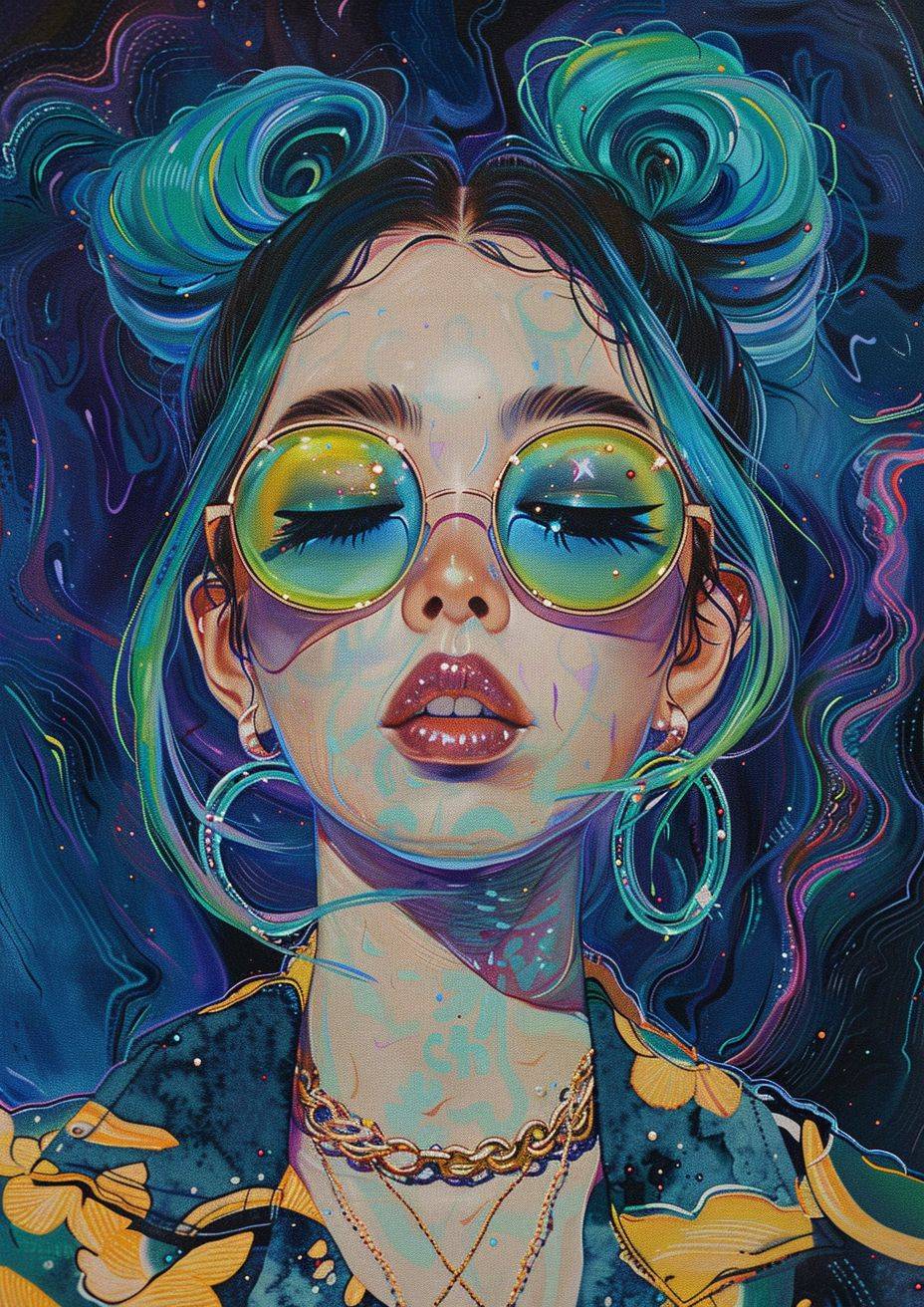 Languor oil painting, marble planet, fashion designer, Korean woman with wearing sparkly pop kirakira moon, green hair right. Quirky cartoon art style, line drawings, intense colors, pop style lines, rich details, doll core, dark blue and light blue --ar 5:7