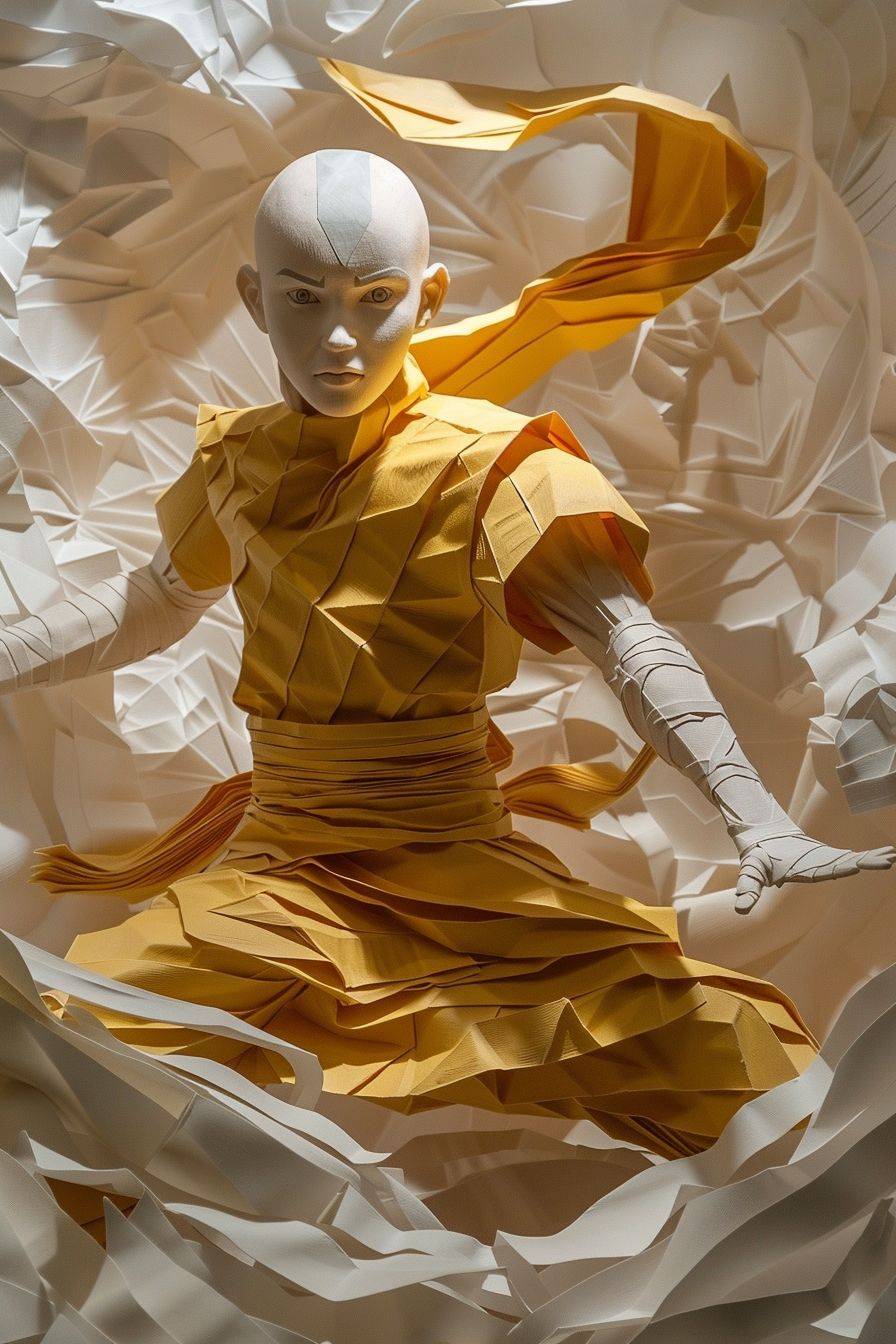 Paper sculpture of Aang from Avatar: The Last Airbender, photorealistic