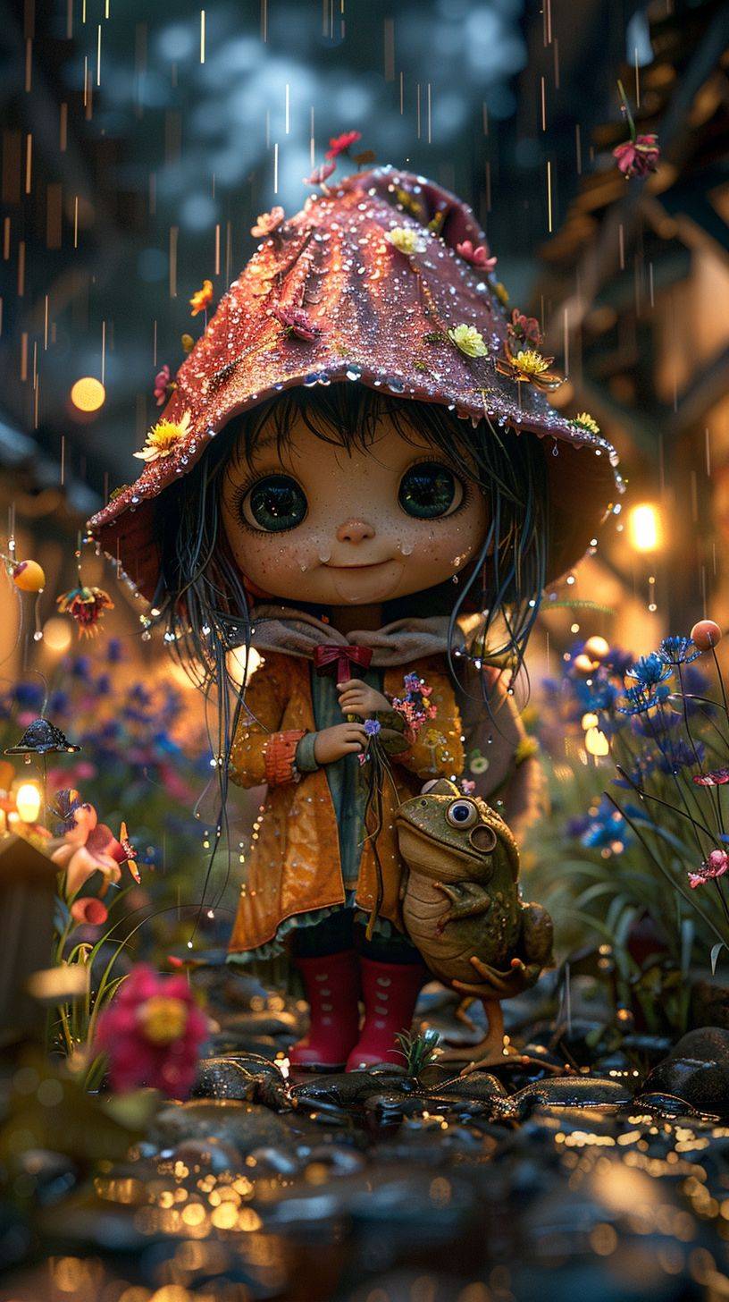 Whimsical adorable character design 3D Octane render, wide shot, chibi extremely cute little flower fairy hides behind flower in the rain, scared of toad, beautiful scenery, wisteria flowers, spring time, red rain boots, big eyes, award winning, hypermaximalist, Octane render, cinematic lighting, detailed